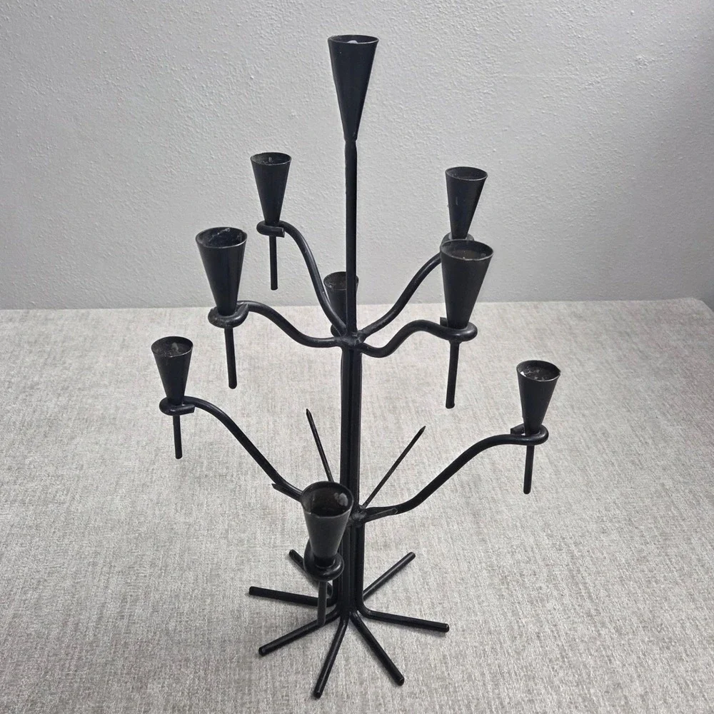 Vintage MCM Brutalist Wrought Iron 10 Light Candelabra Black Tree Candle Holder